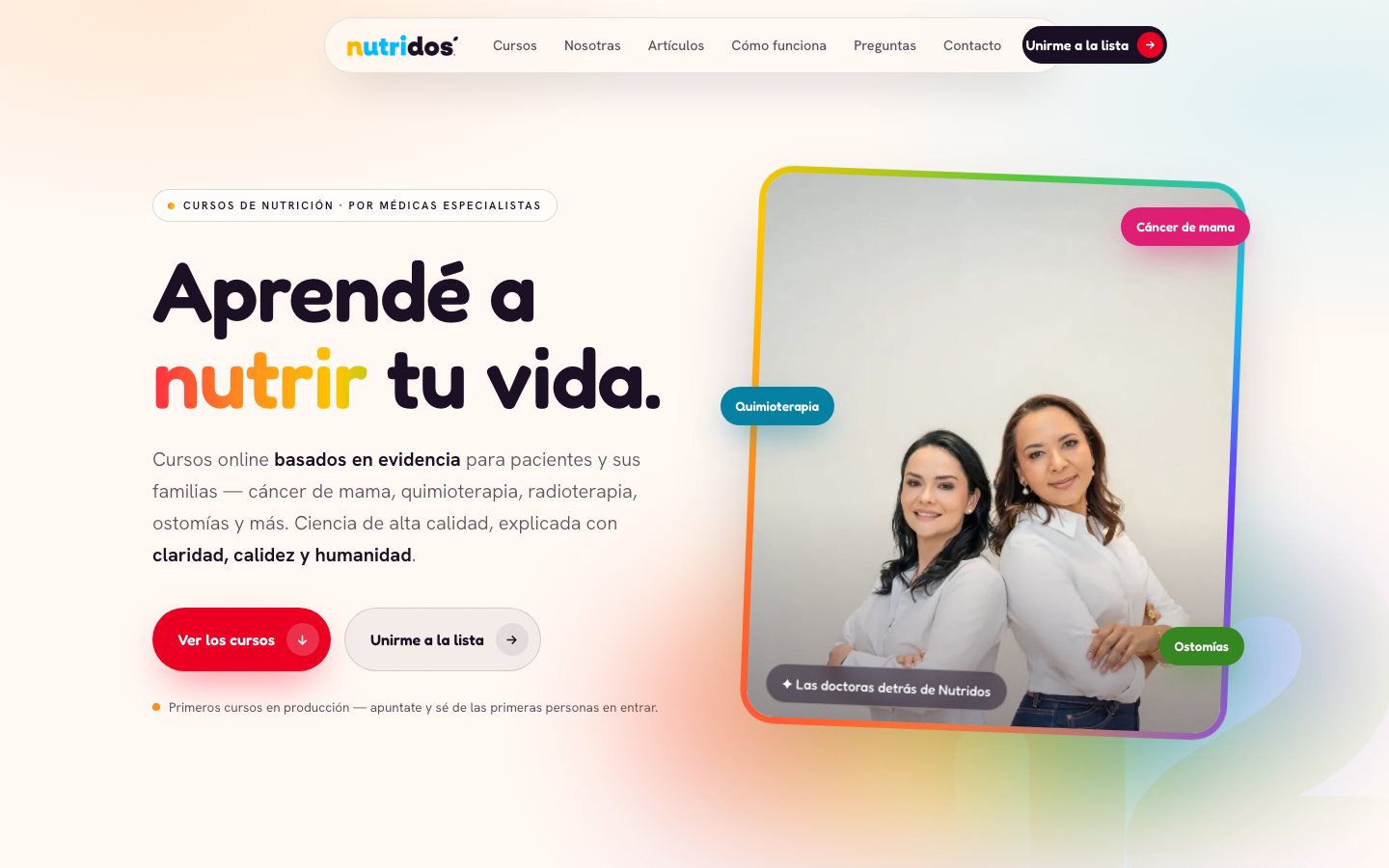 Preview del homepage de Nutridos — cursos de nutrición oncológica